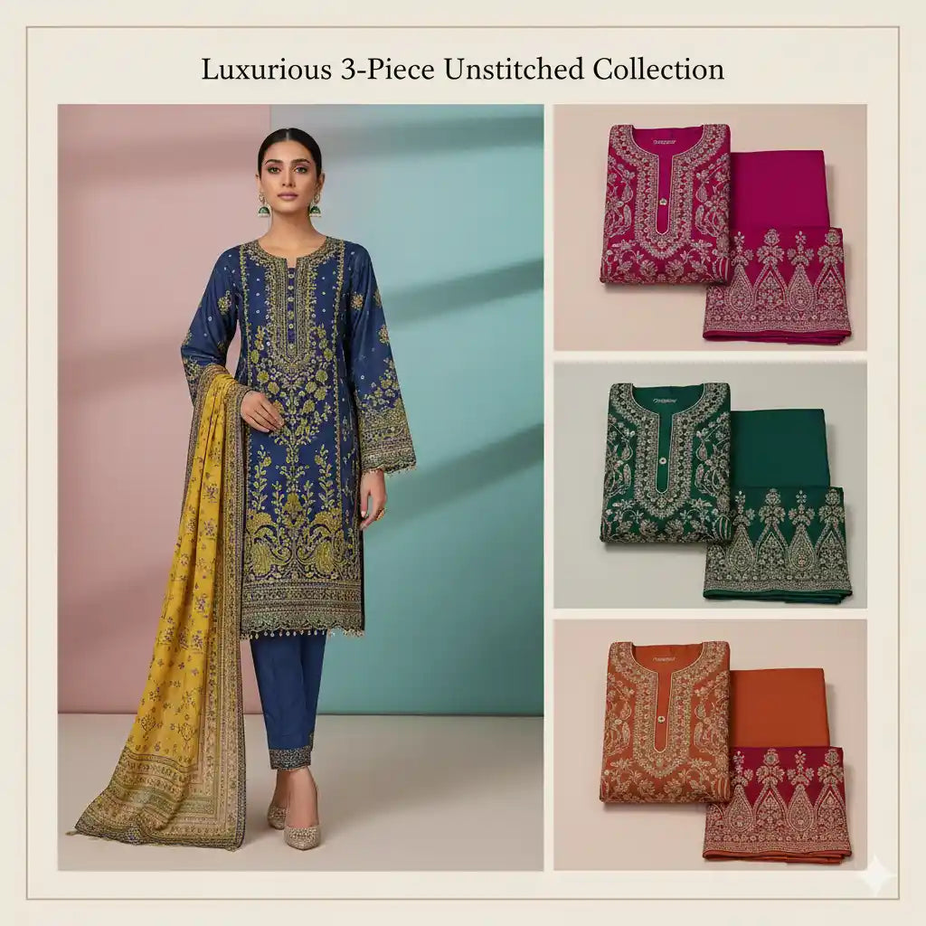 Stylish ladies 3-piece unstitched suit with matching dupatta