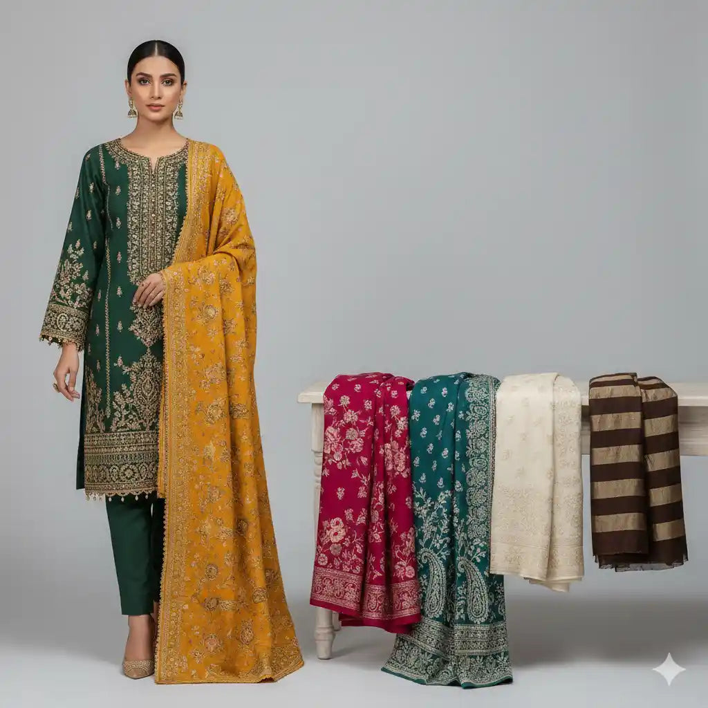 Designer ladies shawls with vibrant prints and embroidery