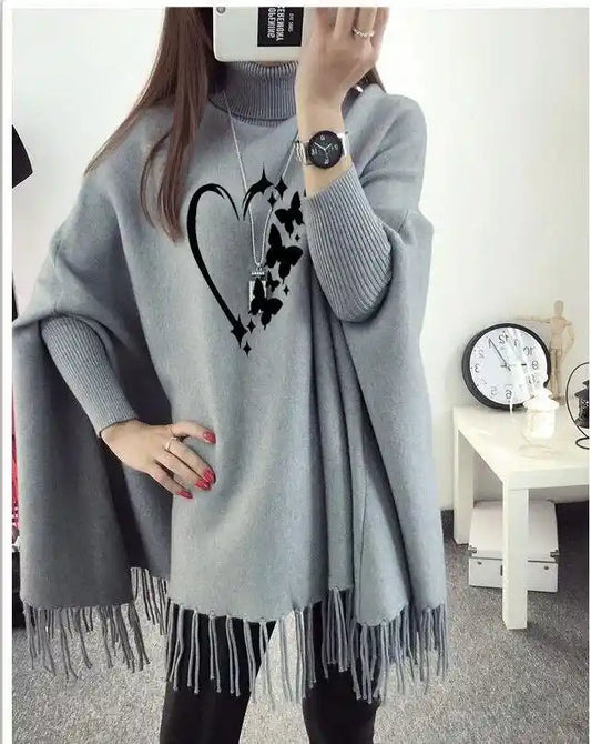 Women's Polyester Heart Printed Poncho Cape Shawl - Grey