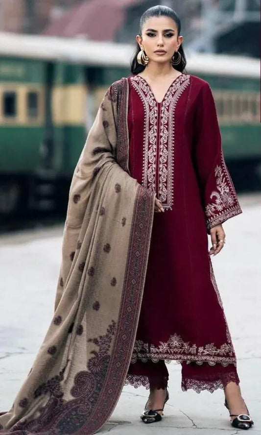 Luxury Embroidered Dhanak 3-Piece Unstitched Suit - Maroon & Pashmina Digital Print Shawl