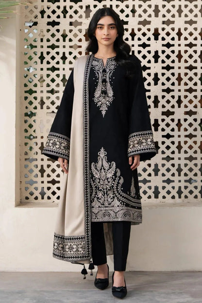 Elegant Embroidered Black Dhanak 3-Piece Unstitched Suit with Pashmina Digital Print Shawl
