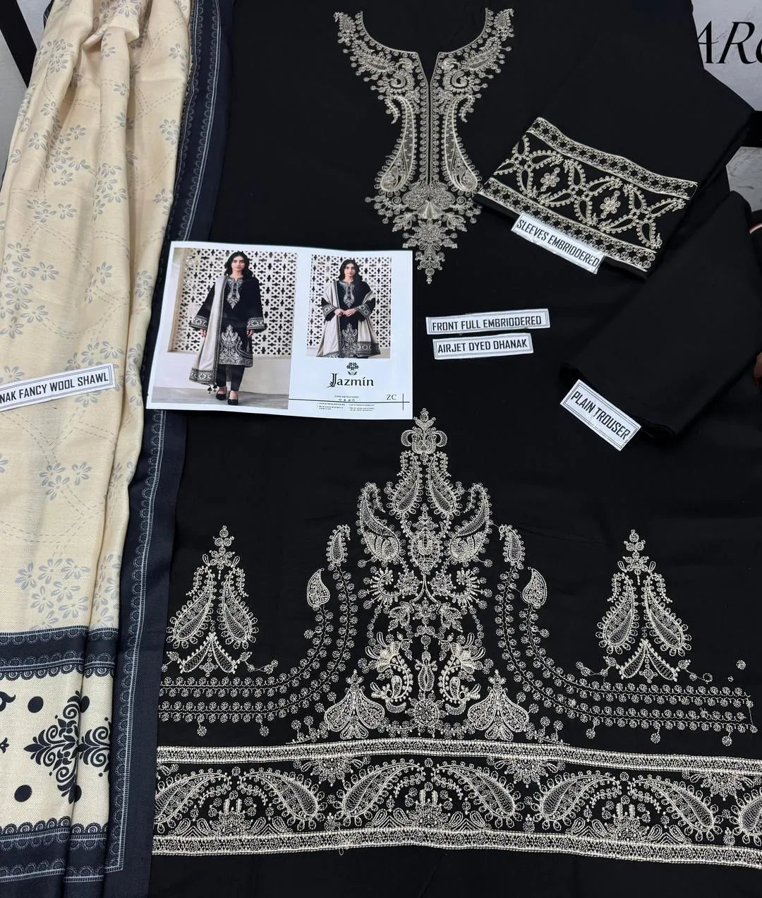 Elegant Embroidered Black Dhanak 3-Piece Unstitched Suit with Pashmina Digital Print Shawl