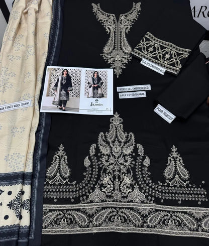 Elegant Embroidered Black Dhanak 3-Piece Unstitched Suit with Pashmina Digital Print Shawl