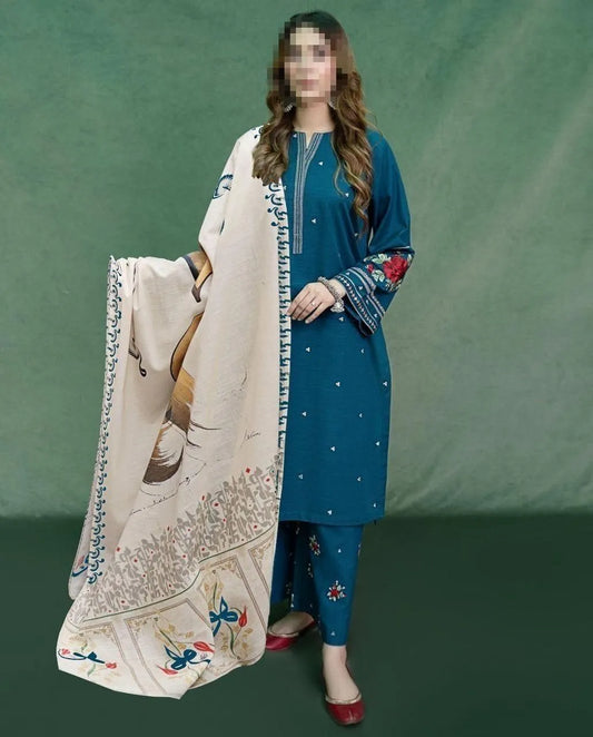 Elegant Embroidered Blue Dhanak 3-Piece Unstitched Suit with Pashmina Digital Print Shawl
