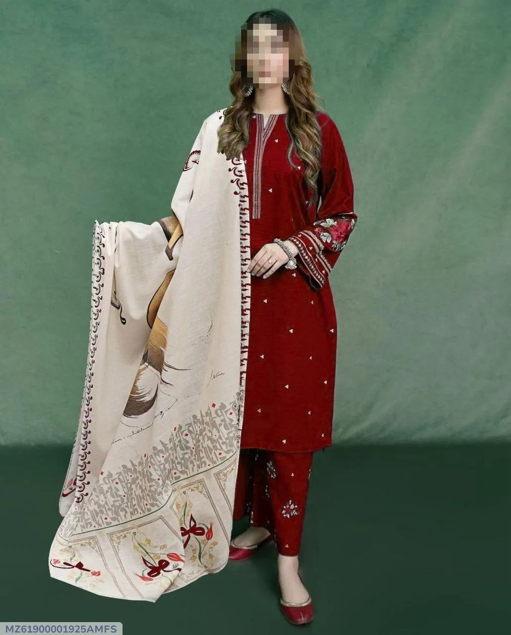 Woman holding a white embroidered dupatta against a green background