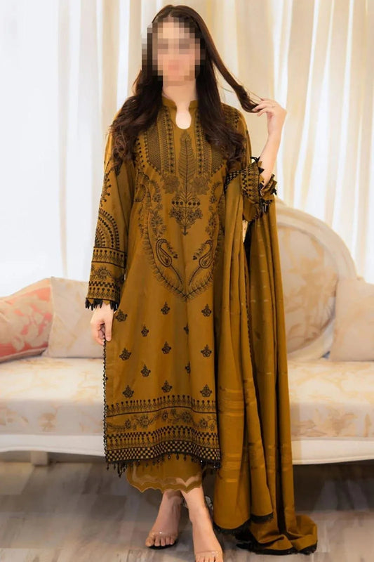 Elegant Embroidered Brown Dhanak 3-Piece Unstitched Suit with Matching Dhanak Dupatta
