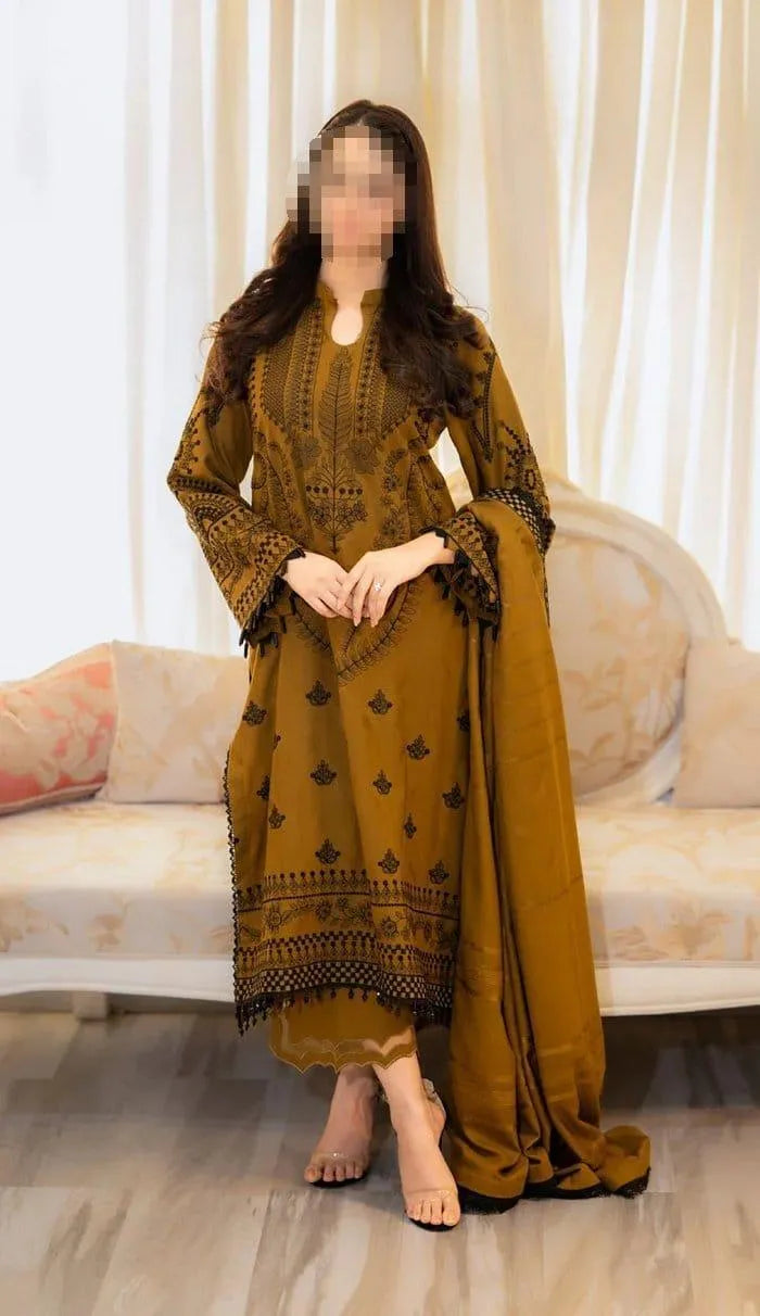 Elegant Embroidered Brown Dhanak 3-Piece Unstitched Suit with Matching Dhanak Dupatta