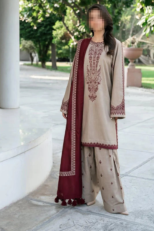 Premium Embroidered Dhanak 3-Piece Unstitched Suit - Ivory & Maroon