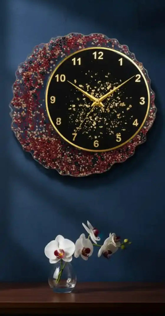 Artisanal Red & Gold Glitter Resin Wall Clock - Handcrafted Luxury Timepiece